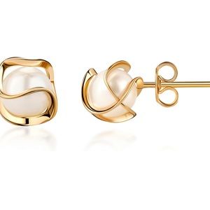 NEW 18K Gold Plated Caged Pearl Stud Earrings - Made In Brazil